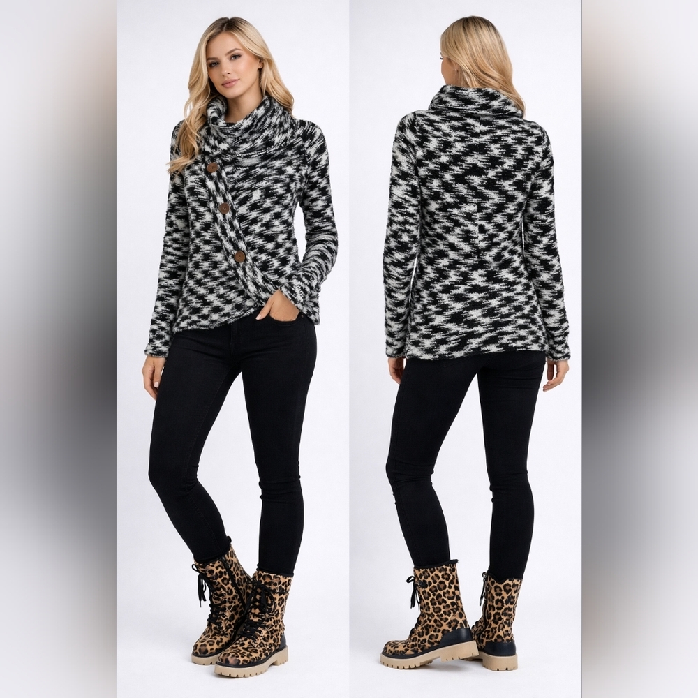 Element Black & White Marled Shawl-Collar Cardigan with Asymmetrical Buttons